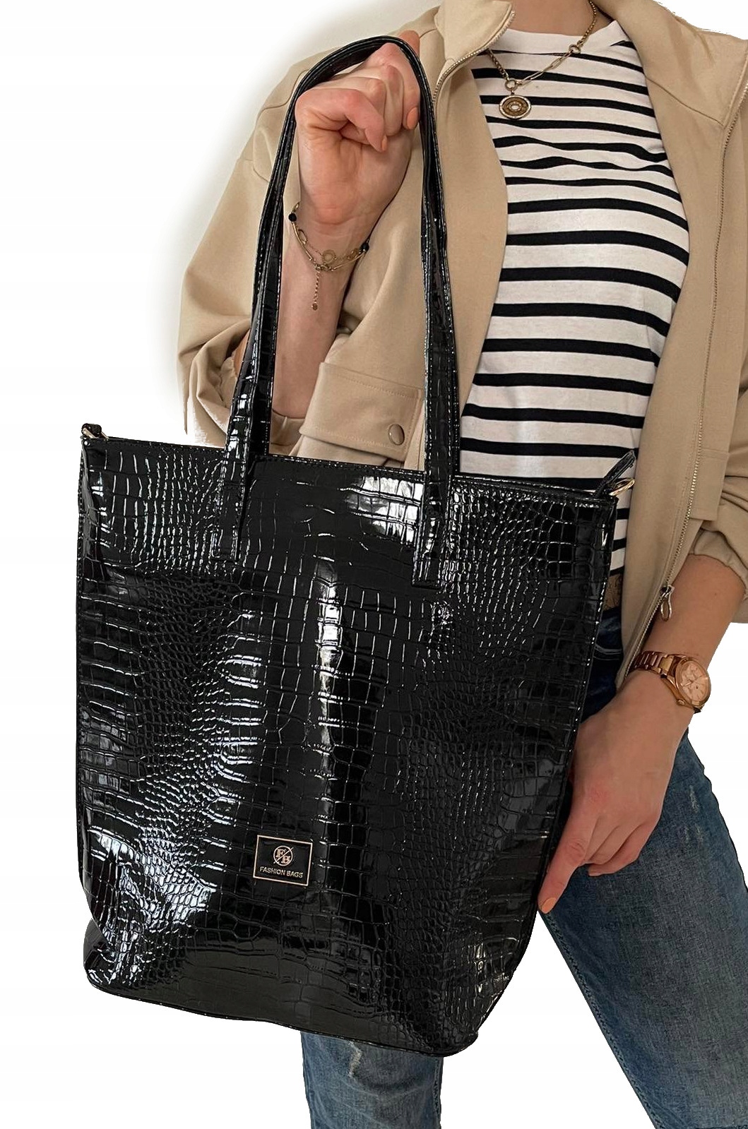 ŚWIETNA LAKIEROWANA TORBA SHOPPER ALIGATOR xl A4