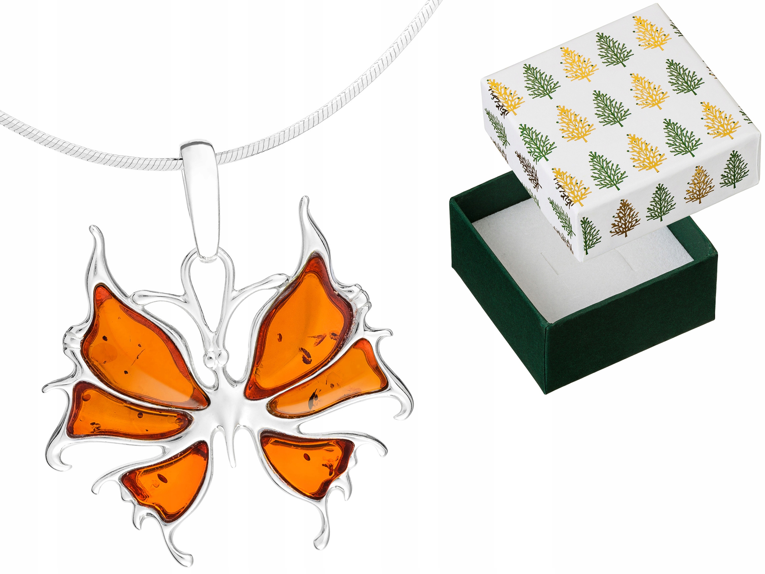 Stříbrný náhrdelník Motýl Přívěsek Jantarem Přívěsek Motýlek Řetízek 35