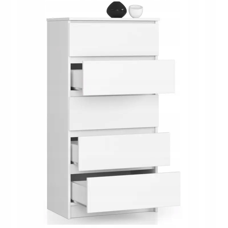 Komoda do salonu wąska 60 cm 5 szuflad szafka bezuchwytowa pojemna Biała Stan opakowania oryginalne