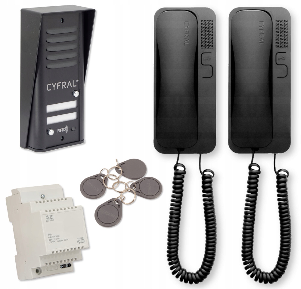 Domofon dwurodzinny Cyfral Cosmo R2 czarny, czarne unifony, RFID breloki