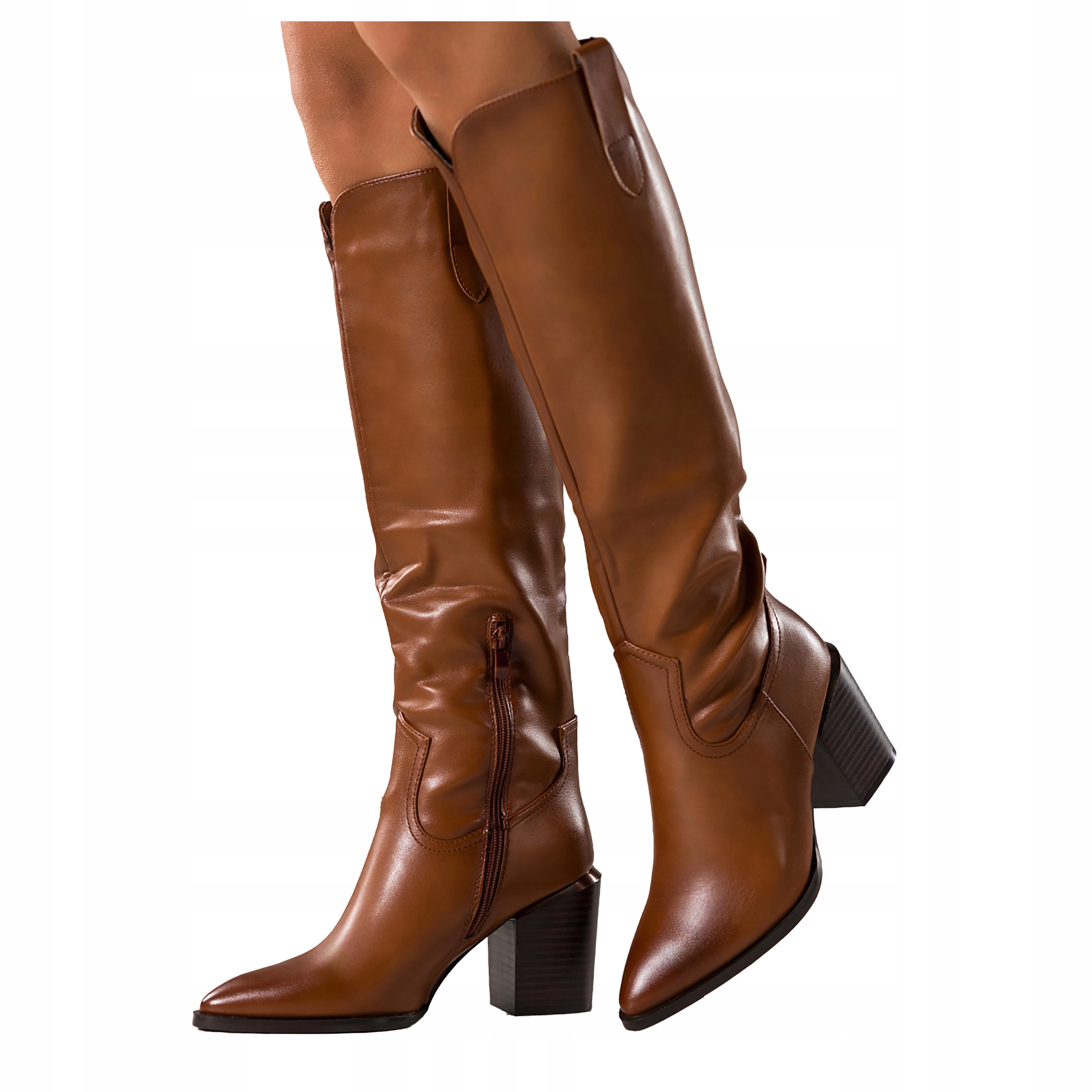 Camelové Kozačky Dámské Pohodlné Podpatky Sloupek Vykrojený Svršek Modne vel. 38