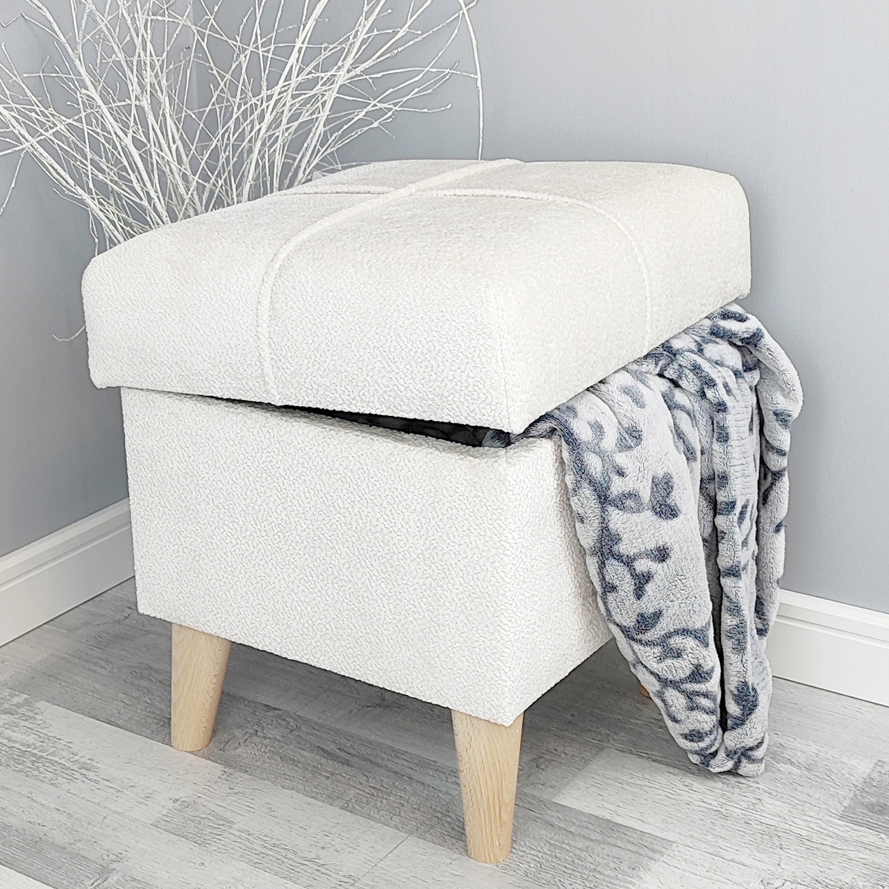 Taburet S Úložným Prostorem A Úložným Prostorem, Otevírací Podnožka, Krémová, Světlá Boucle