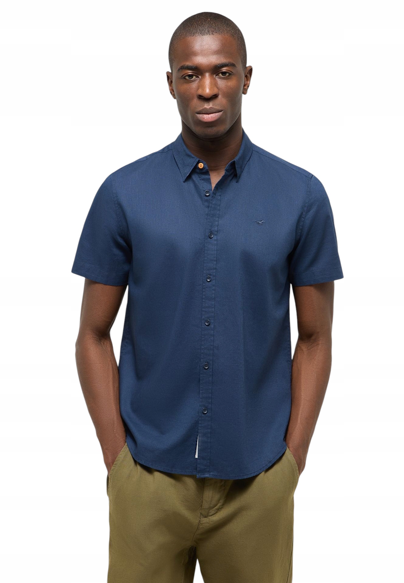 Lněná Pánská Košile S Krátkým Rukávem, Tmavě Modrá, Stylová, Casual Mustang, 3XL