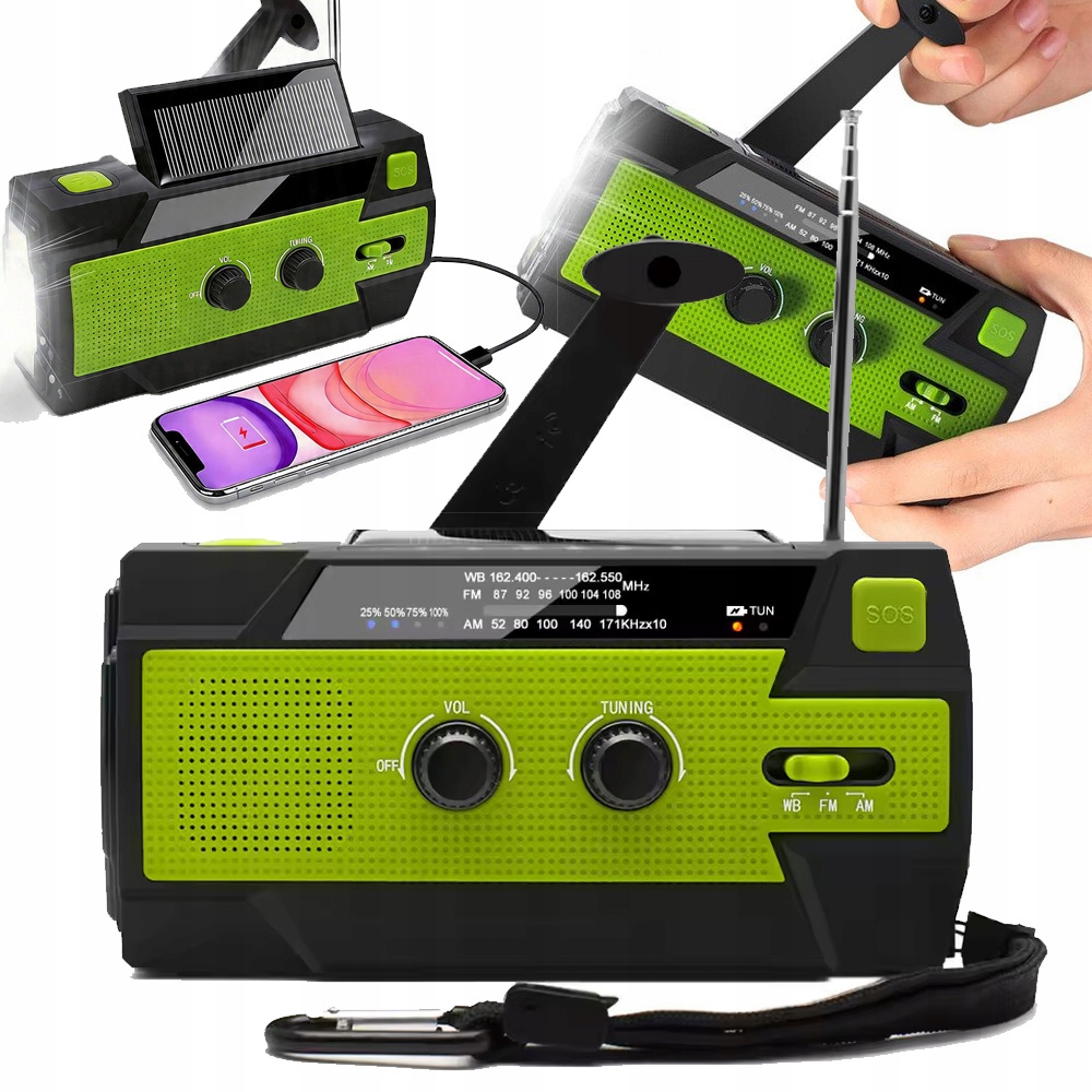 Přenosné Solární Rádio Korbka Alarm Dynamo Nouzová Svítilna 4000 mAh zelená