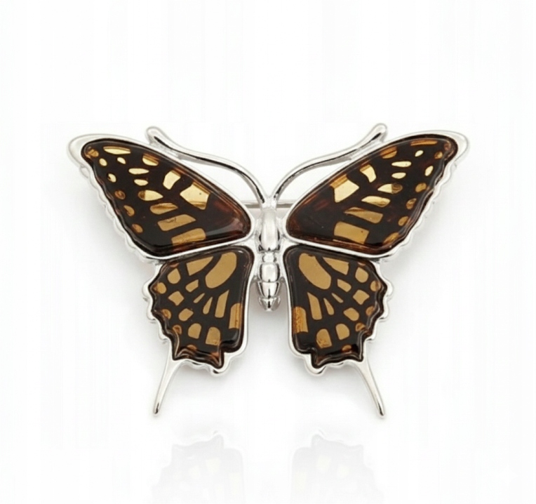 Stříbrná Brož Přívěsek Motýl Baltský Jantar Stříbro 925