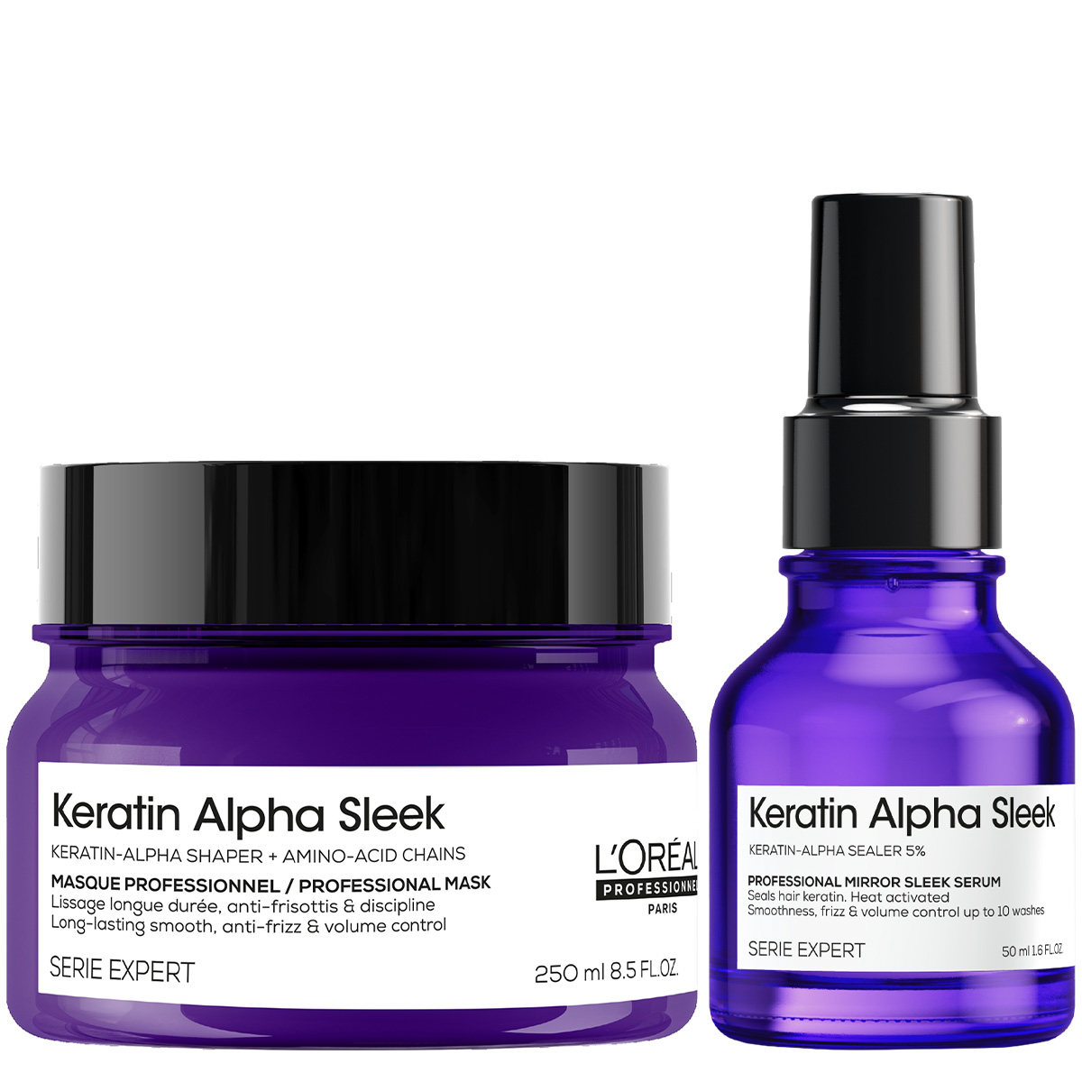 Loreal Keratin Alpha Sleek sada na leštění vlasů, krepatá maska, sérum