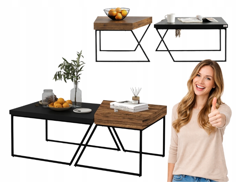 Kávové Stolky 2V1 Sada 2 Kusů Loft Industriální Ocel Moderní Dřevo