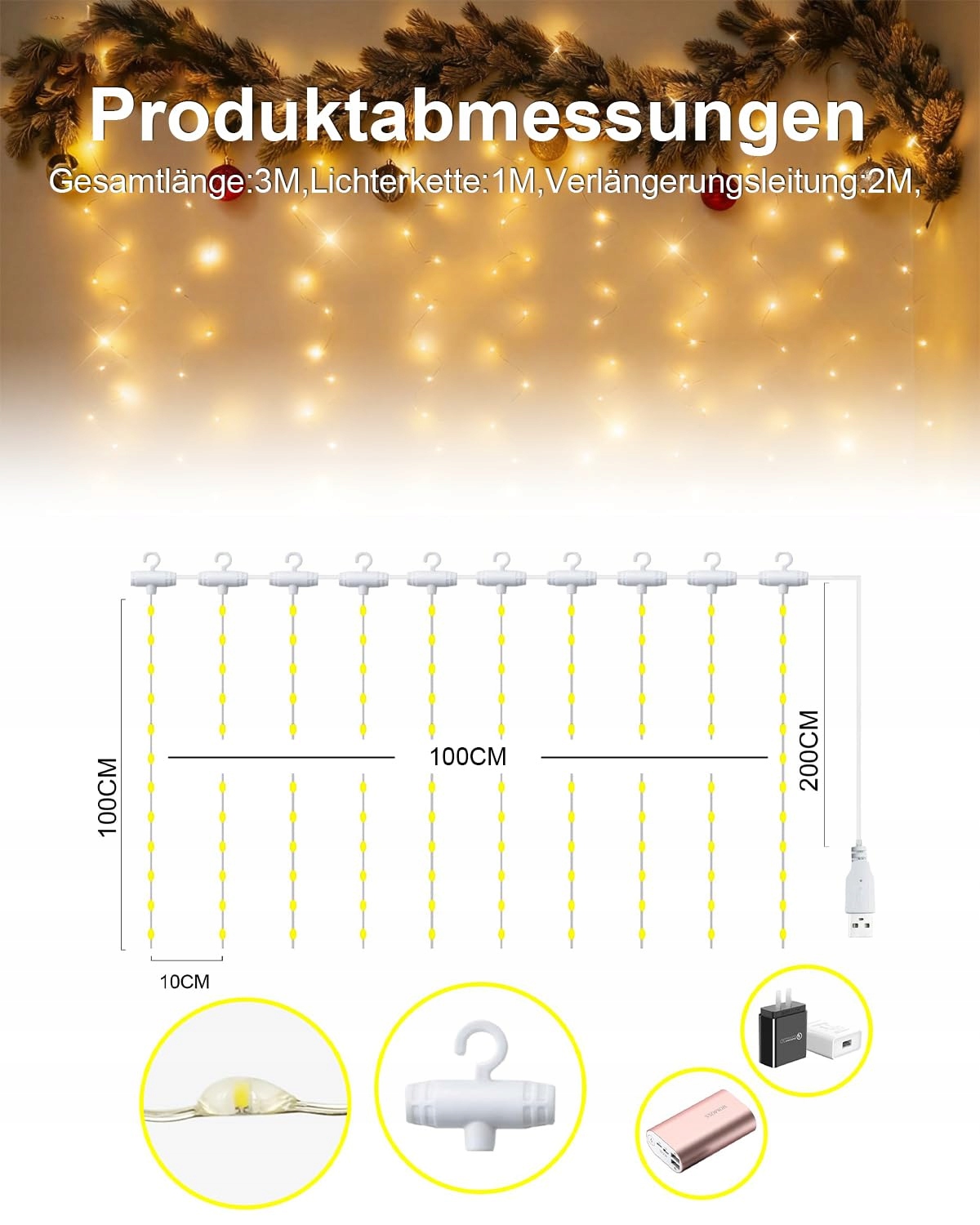ADALYROMA Kurtyna Świetlna USB 100 LED Haczyki Wesele Party Święta Wnętrze — miniatura 2
