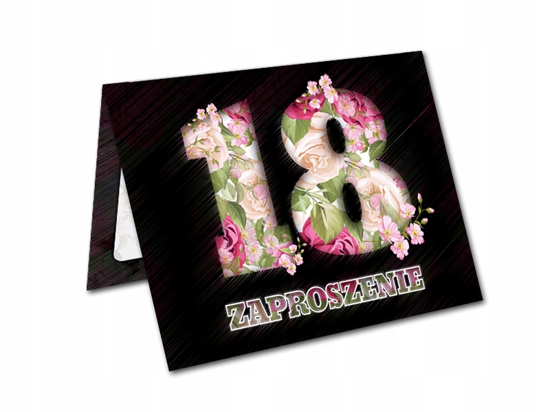 ZAPROSZENIE NA 18 URODZINY CZARNE Z KWIATKAMI OSIEMNASTKA