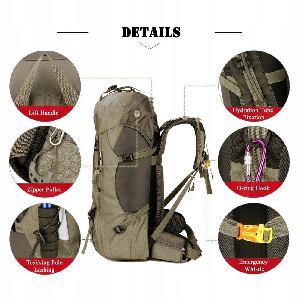 BSEASH Plecak Turystyczny 60L Wodoodporny z Pokrowcem na Deszcz Outdoor — miniatura 3
