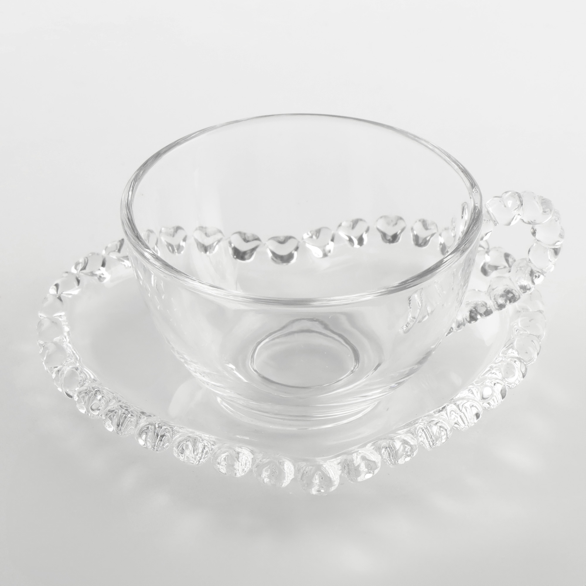 FILIŻANKA ZE SPODKIEM SZKLANA AMORA 200ML NA KAWĘ UNIWERSALNA WZÓR SERCE