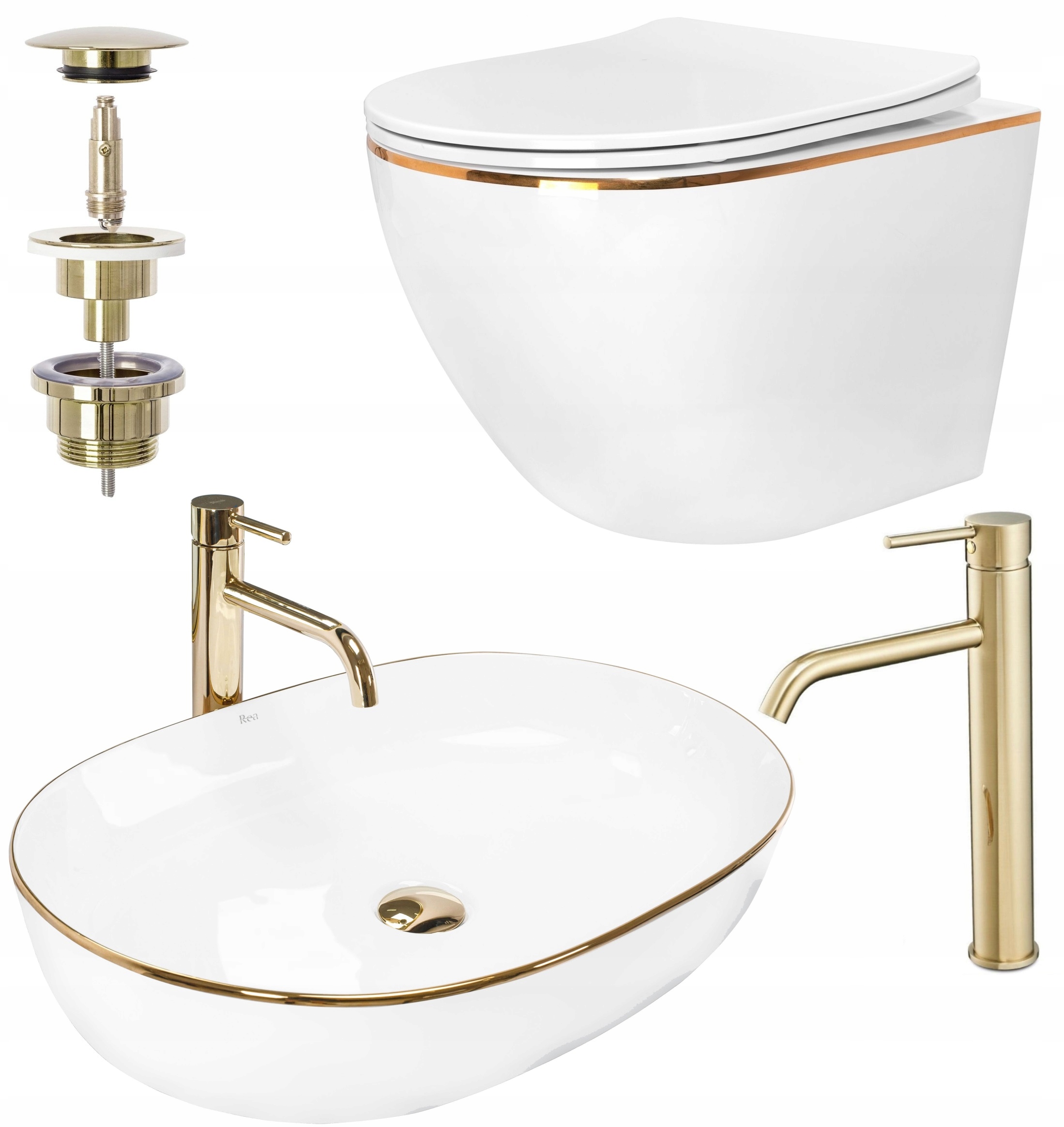 Misa WC Carlo Ze Złotym Rantem Gold Edge + Umywalka Cleo + Bateria + Korek