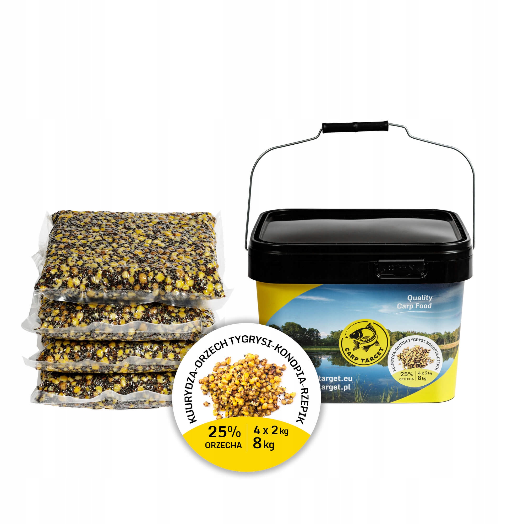 Tygří ořech Konopný Řepík Kukuřice Mix zrn 8kg (4x2kg) Kbelík 10L