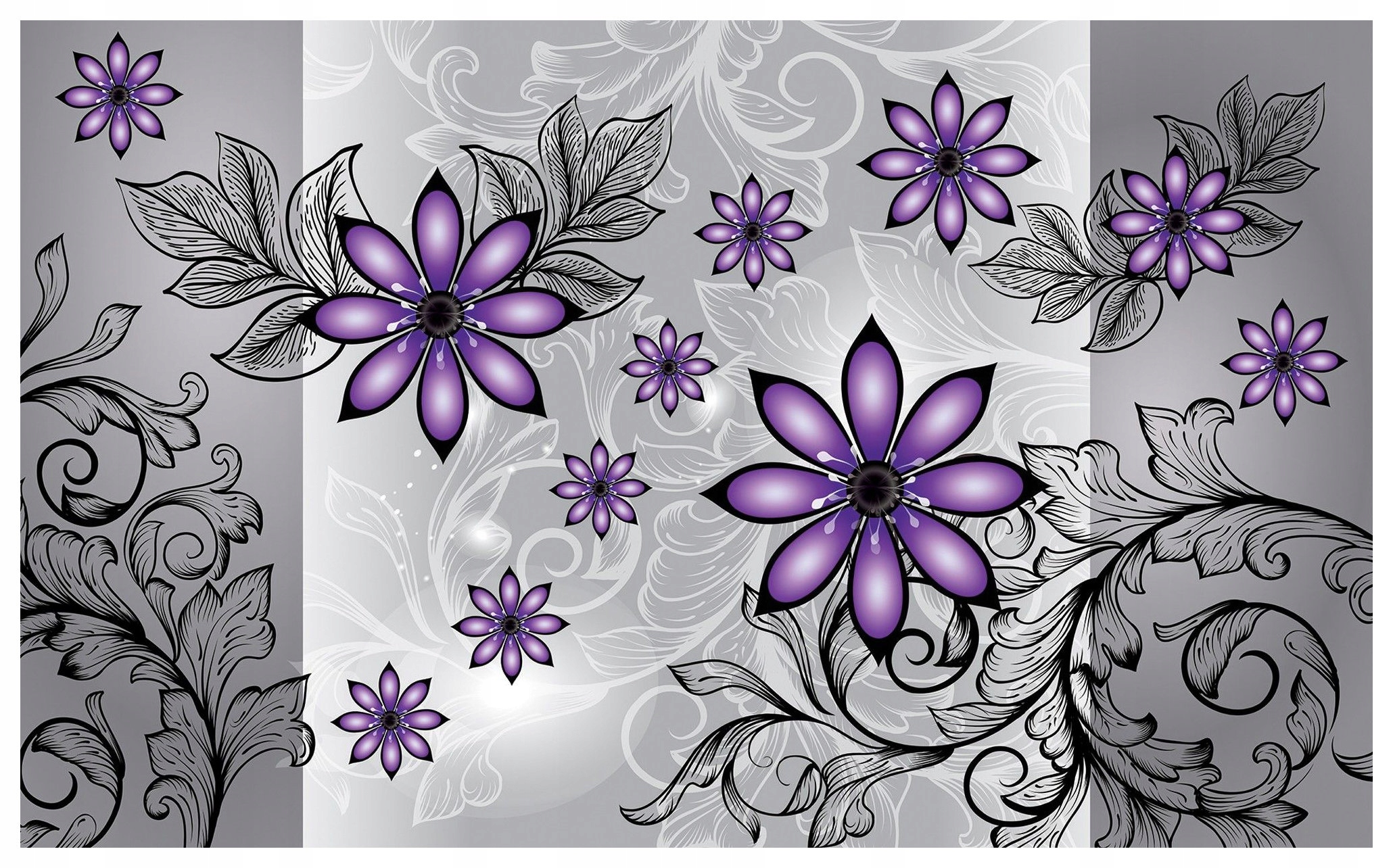 Tapeta Květiny Fialově Šedá 416x254 Elegantní Zavinovačky Listy Styl lepidlo