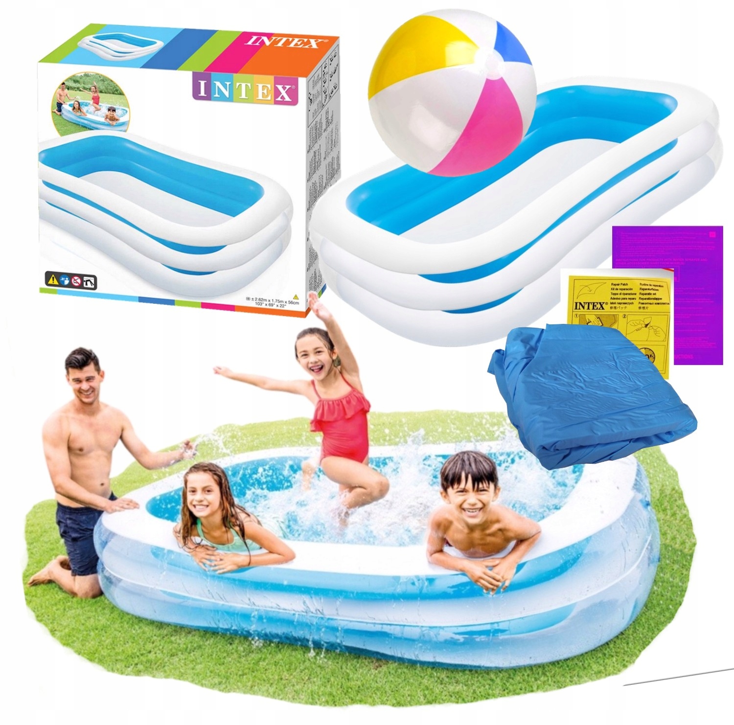 Duży Basen Dla Dzieci Dmuchany Ogrodowy Rodzinny Intex 262x175 cm Piłka