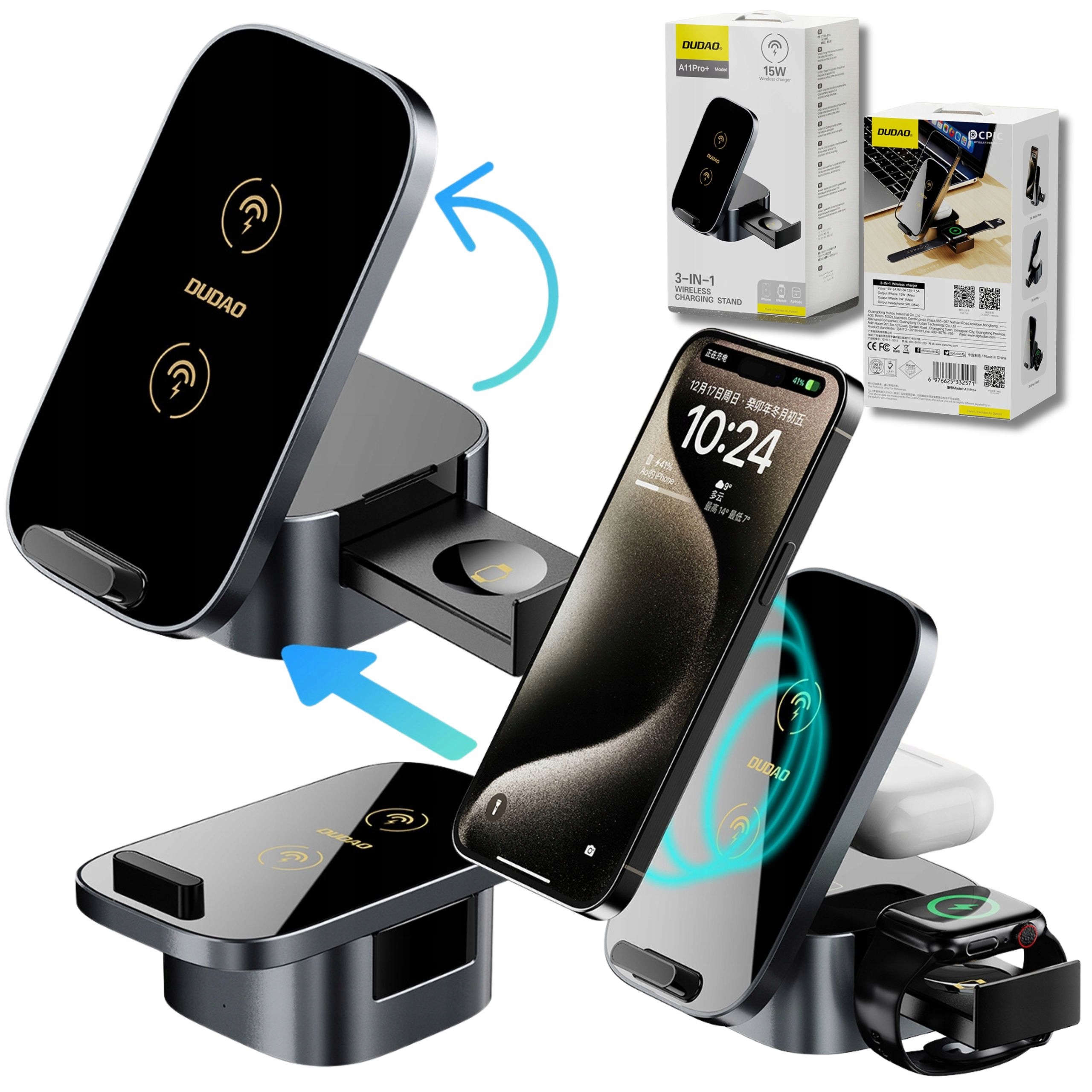 Ładowarka Indukcyjna 15W Usb 3w1 Stacja Ładująca Bezprzewodowa Do Telefonu