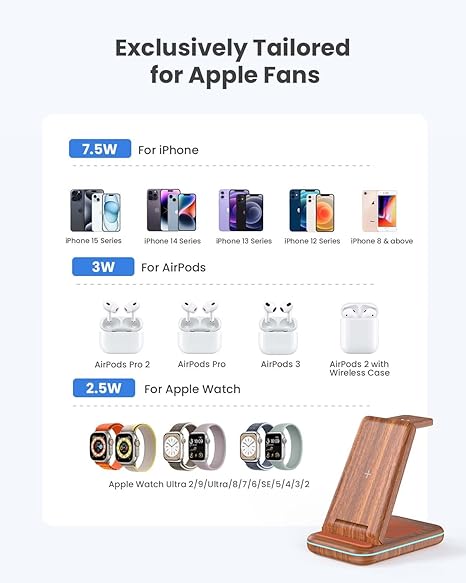GEEKERA Drewniana Bezprzewodowa Ładowarka 3w1 iPhone Apple Watch AirPods — miniatura 7