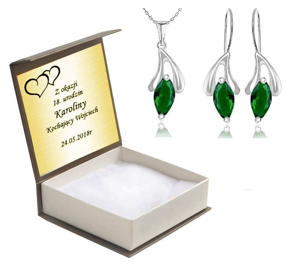 

Komplet Biżuterii Srebrnej Z Zielonymi Cyrkoniami