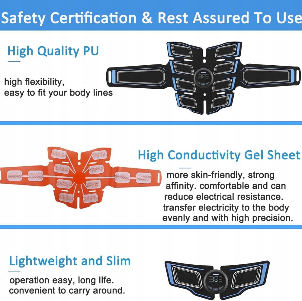ELEKTROSTYMULATOR STYMULATOR MIĘŚNI BRZUCHA 3x EMS Akcesoria w zestawie brak