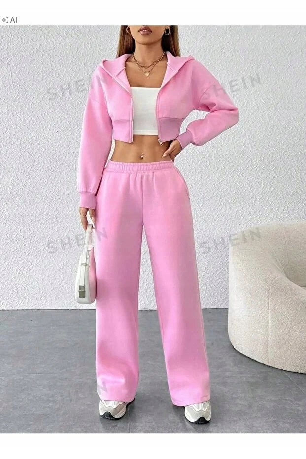Růžová Tepláková Souprava Krátká Mikina Kalhoty Casual M 5IA