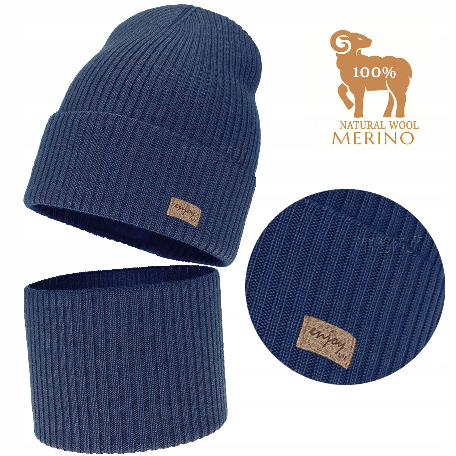 Jeansowy Komplet Wełna Merino Czapka Komin jesień wiosna Prążek r. 50-54