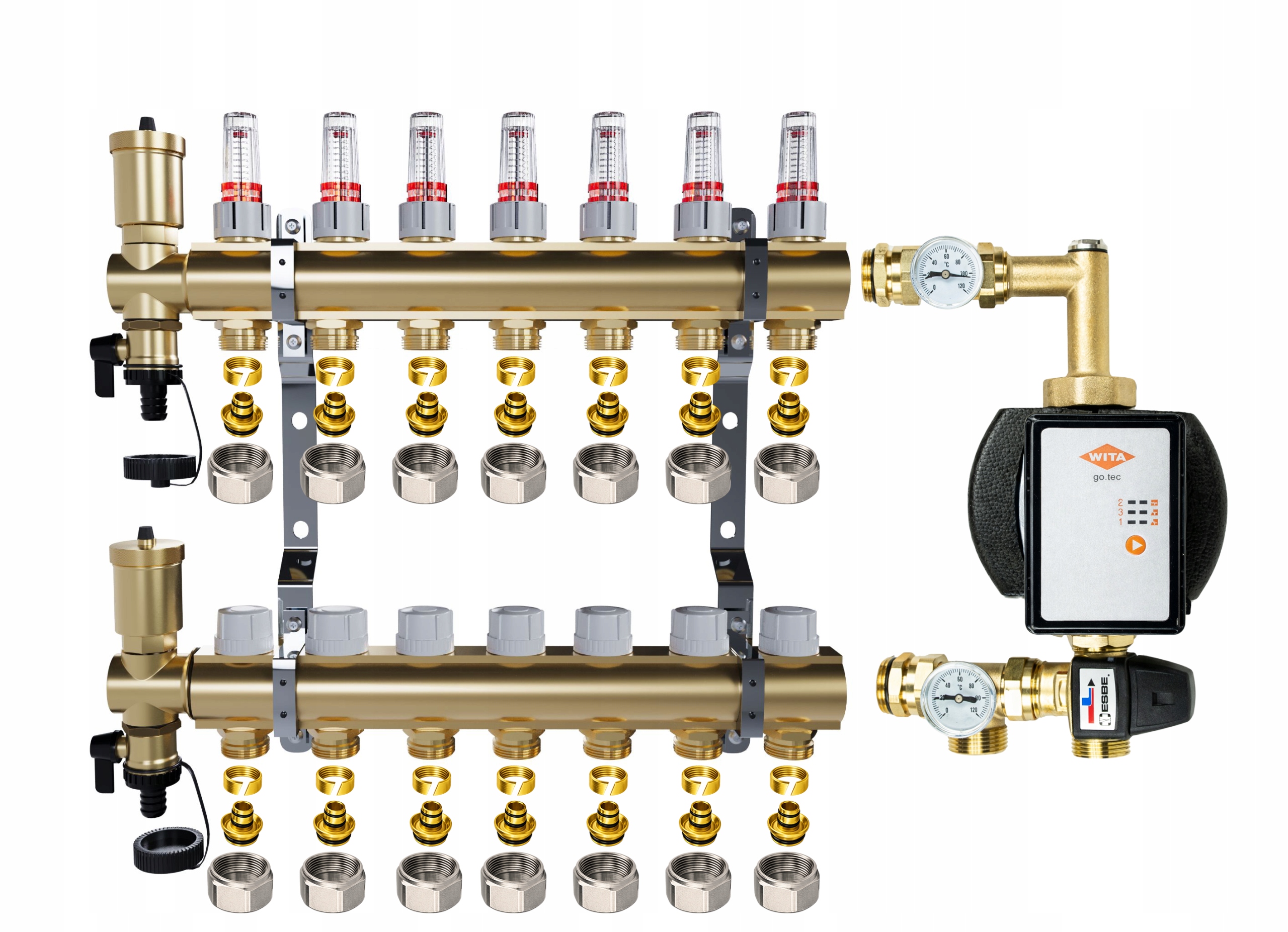Rozdělovač pro podlahové topení 7 sekcí Spojky Pex Čerpadlo Wita