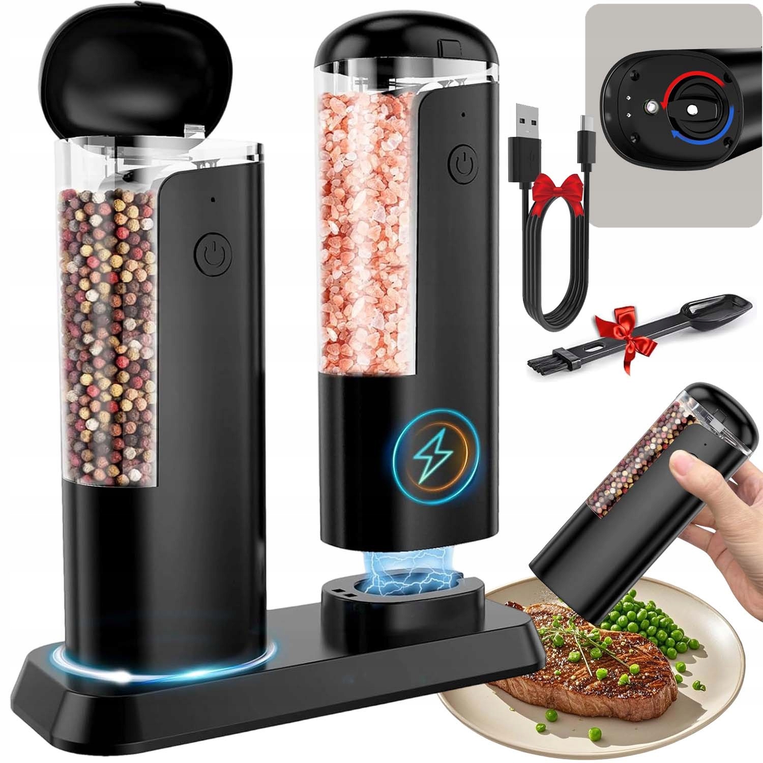 Młynek Do Pieprzu I Soli Elektryczny Usb Duża Pojemność Z Led Zestaw 2SZT