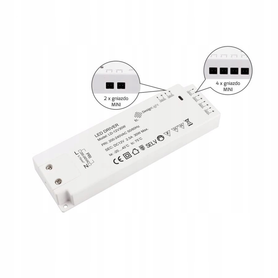 

Zasilacz do opraw Led z gniazdami mini 12V/DC 30W