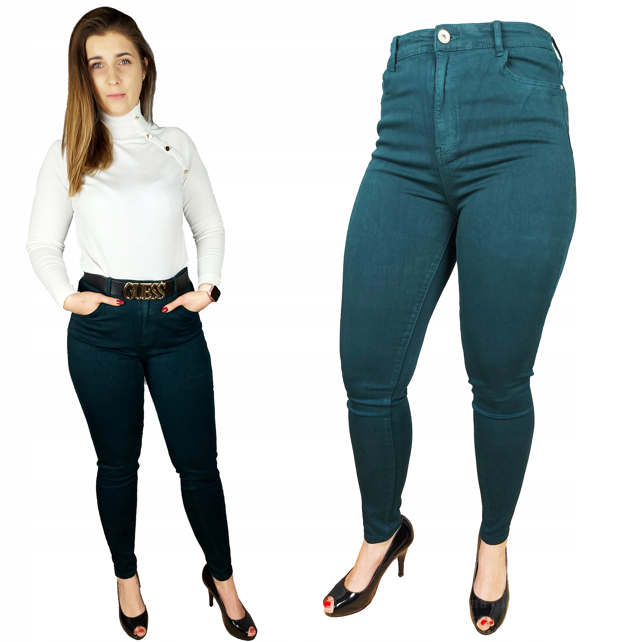 

Damskie Klasyczne Spodnie Jeans Zielone Rurki 46