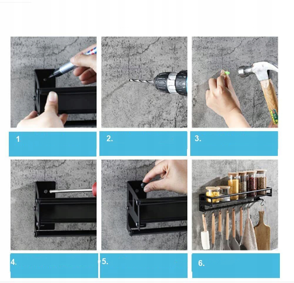 REGAŁ NA PRZYPRAWY DO ŁAZIENKI I KUCHNI, Z UCHWYTEM NA RĘCZNIKI 8 HACZYKAMI Materiał metal