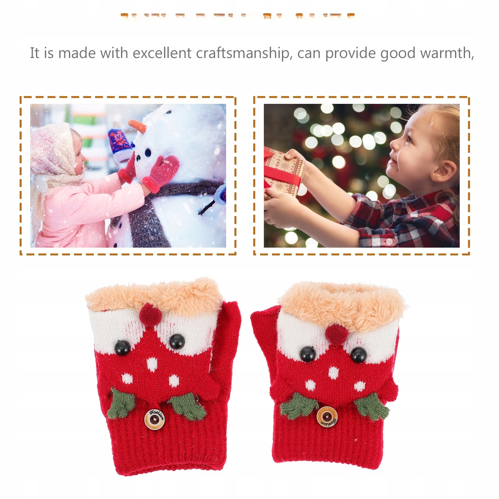 RĘKAWICZKI ŚWIĄTECZNE DZIECI CIEPŁE ZIMOWE PLISZKI Kolor czerwony