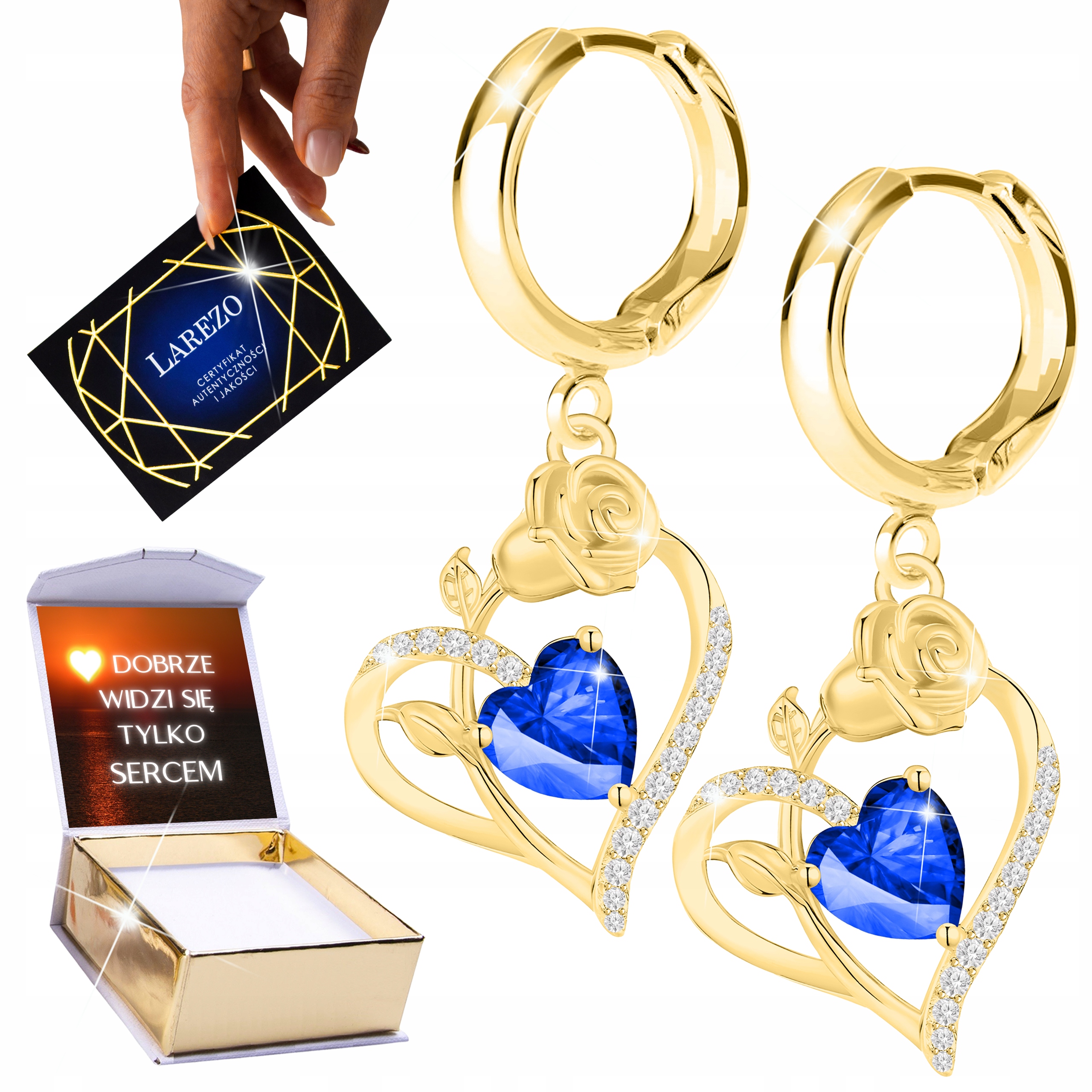 Zlaté Náušnice 925 Modré Křišťálové Srdce Růže Srdce s růží Potisk