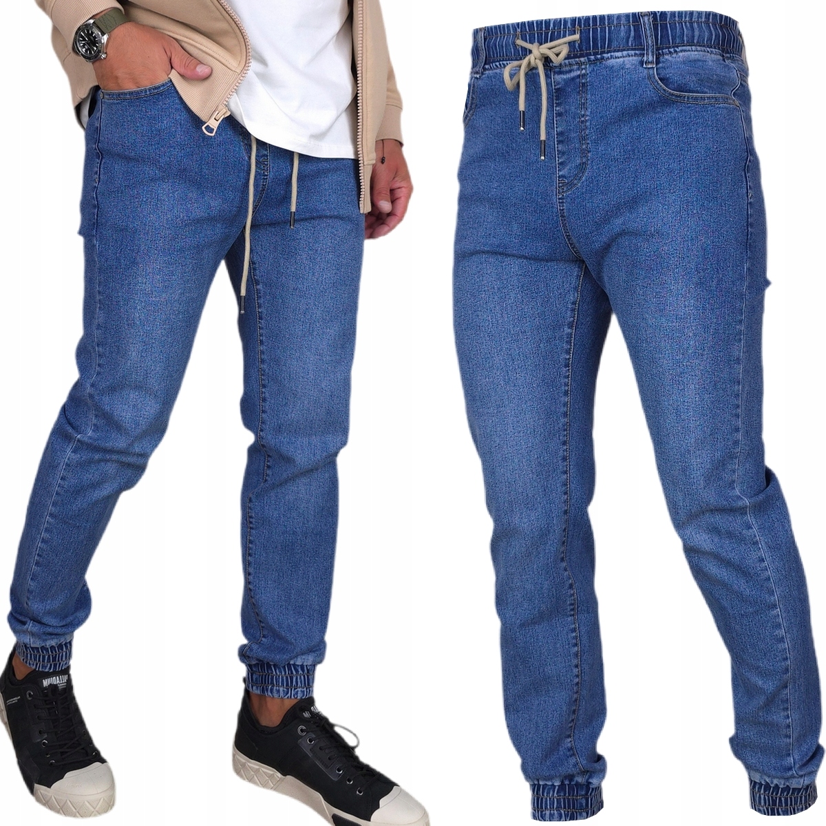 Spodnie Męskie długie Jeansowe Joggery Modne rozciągliwe Pas Z Gumką r. M