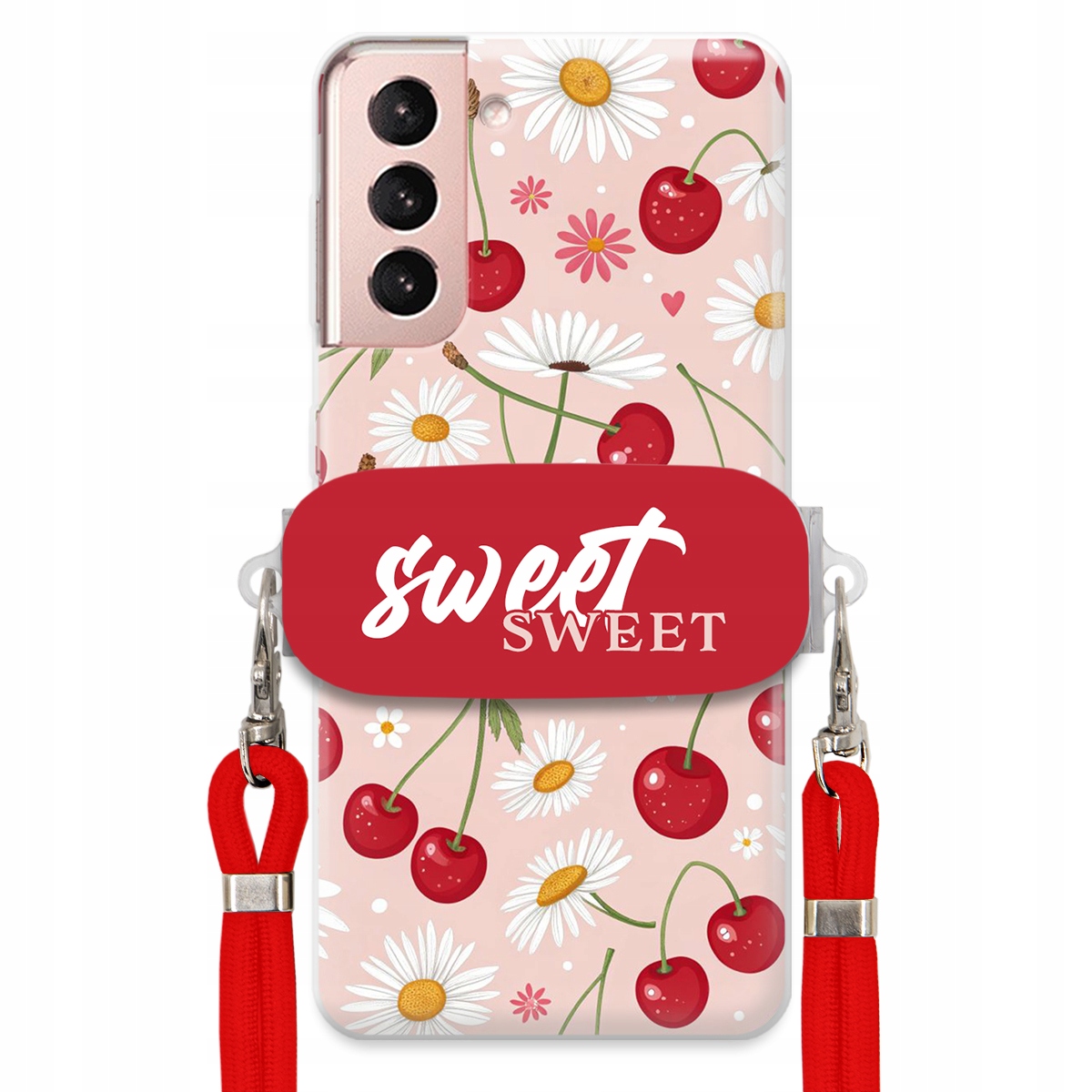 Puzdro pre Samsung S21 Červené vodítko držiak Sweet Sweet Čerešňa a sedmokráska