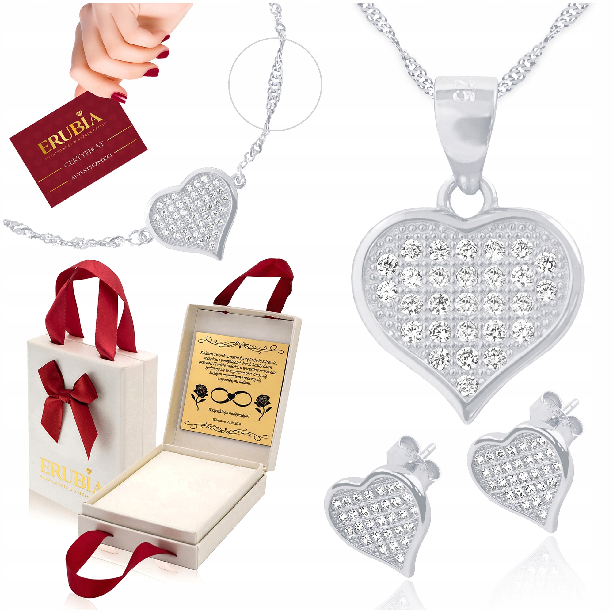 Stříbrný Komplet Šperků 925 Srdce Náhrdelník Náušnice Náramek 60 CM