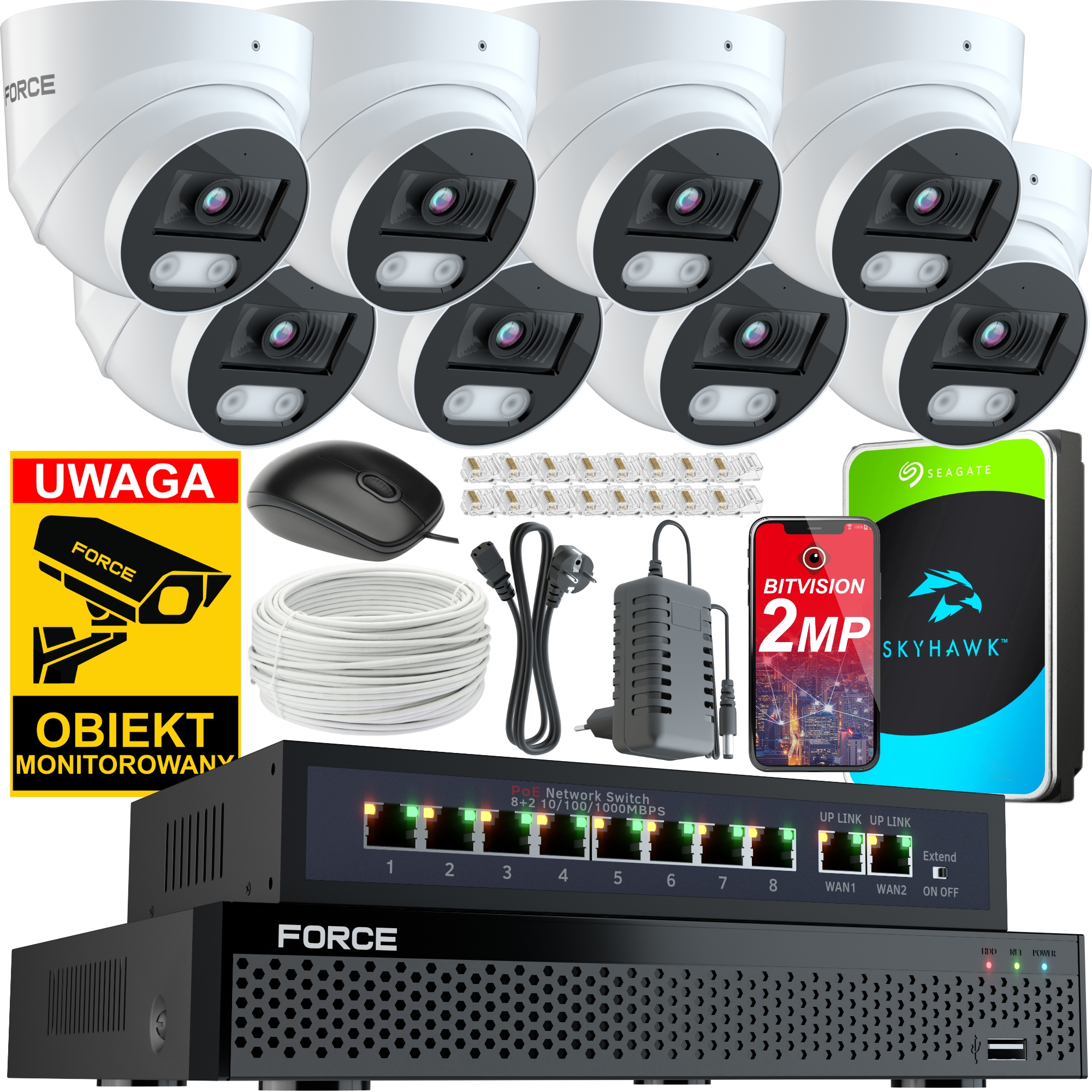 Force Zestaw monitoringu 8x Kamera Ip 2MPx Full Hd, Dysk 1TB Switch Poe