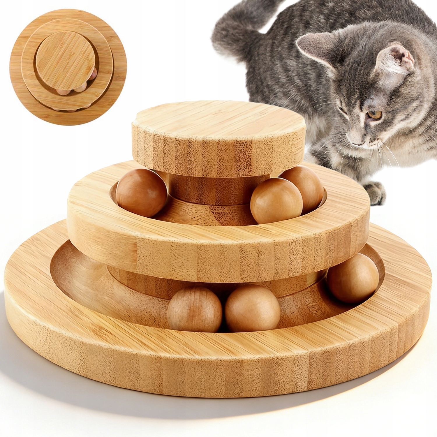 Levně Rotující Hračka Pro Kočky Se Třemi Úrovněmi Vyrobená Ze Dřeva
