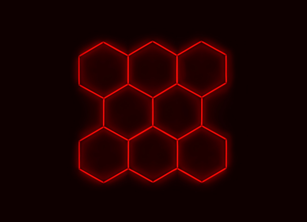 Kompletné Led hexagónové svietidlo červené, rozmer 8 elementov 252 x 238 cm