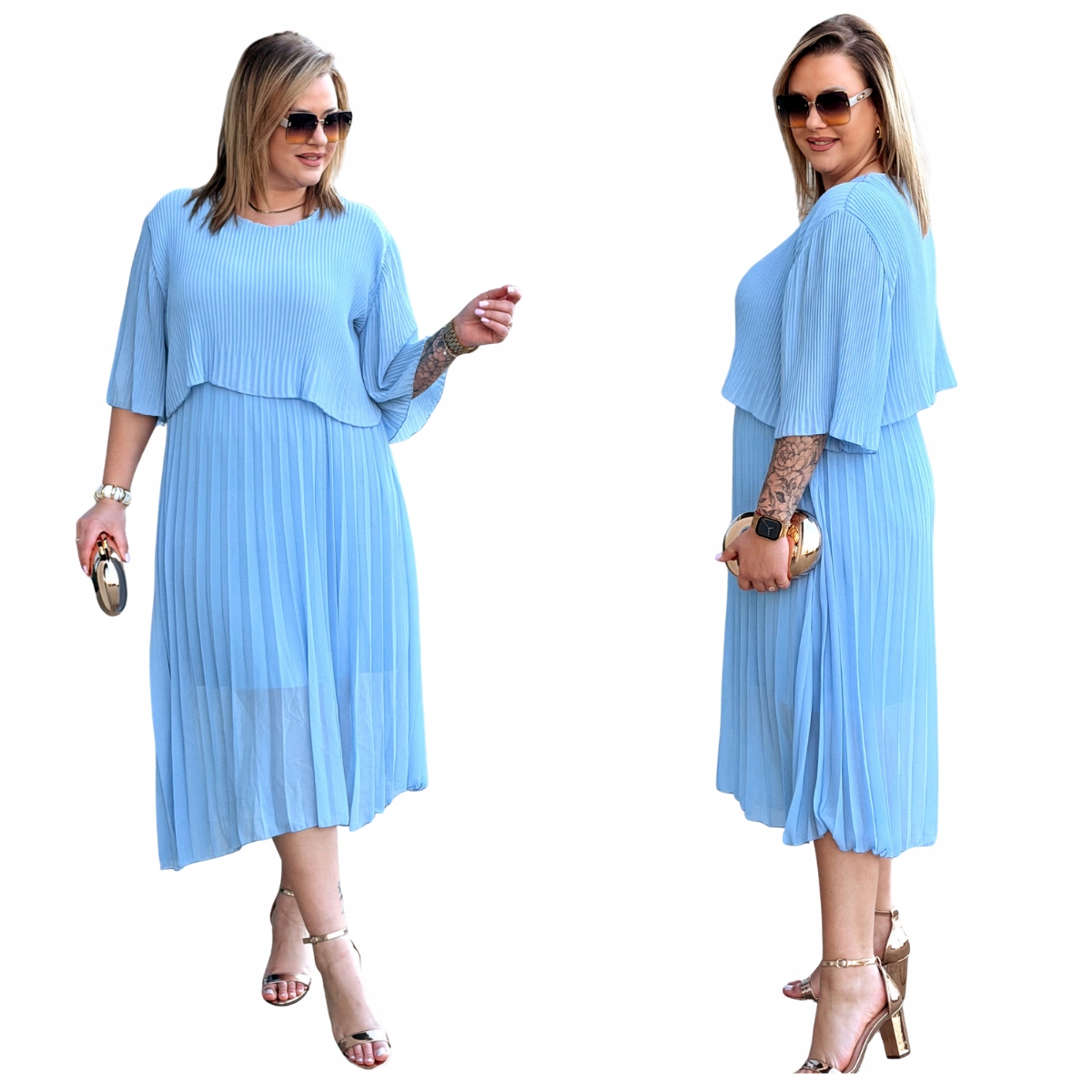 Sukienka Duże Rozmiary Plus Size Plisowana Damska Cavaricci Błękitna