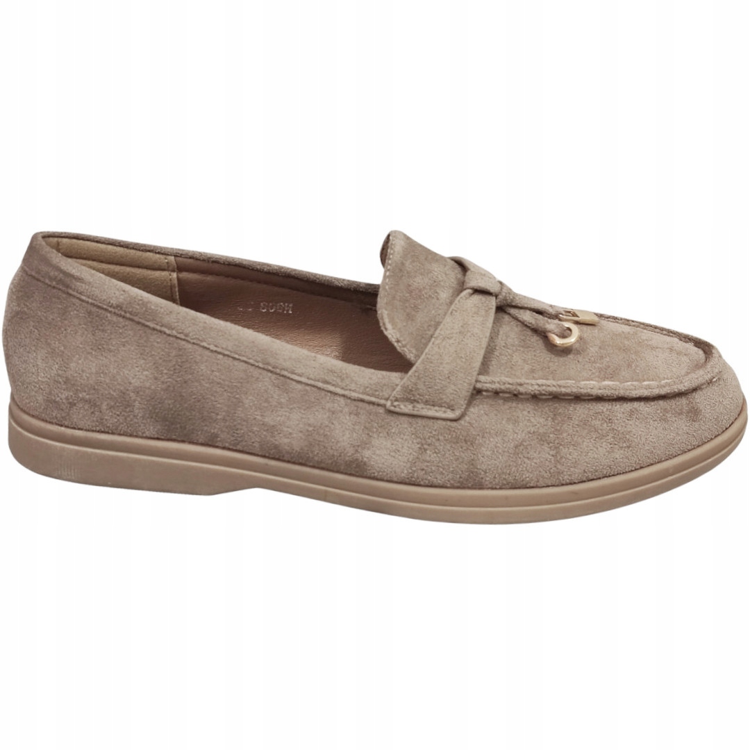 Mokasyny Damskie Brązowy Eko Zamsz Złota Ozdoba r 39