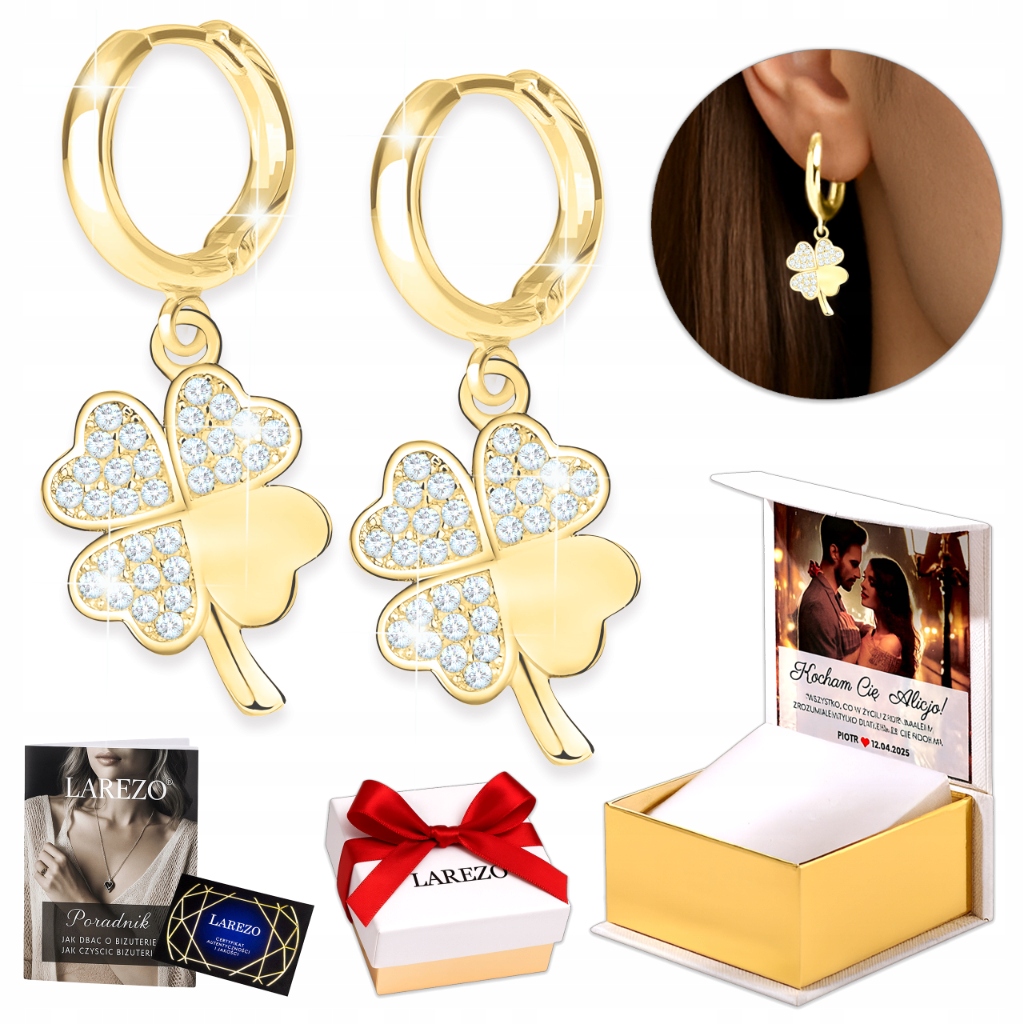 Zlaté Náušnice 925 Čtyřlístek Jetel Kruhy Čtyřlístek pro Štěstí