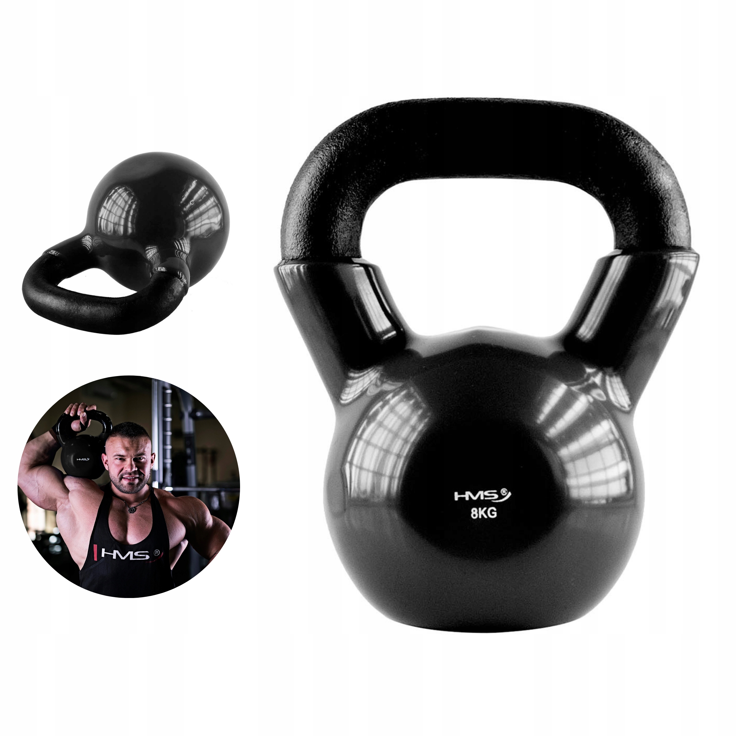 Hantla kettlebell 8kg żeliwna z uchwytem winyl fitness czarna Hms