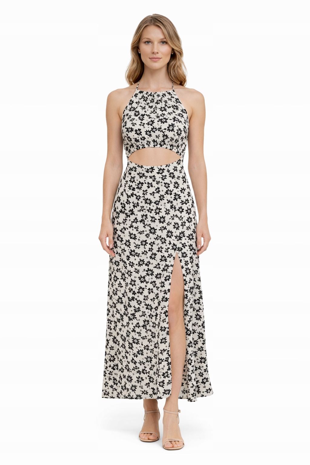 Šaty Maxi S Výstřihem A Černo-béžovým Potiskem xs I4A