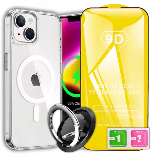 ETUI DO IPHONE 15 CASE + SZKŁO 9H WZMACNIANE 360°CLEAR + UCHWYT RING ZESTAW