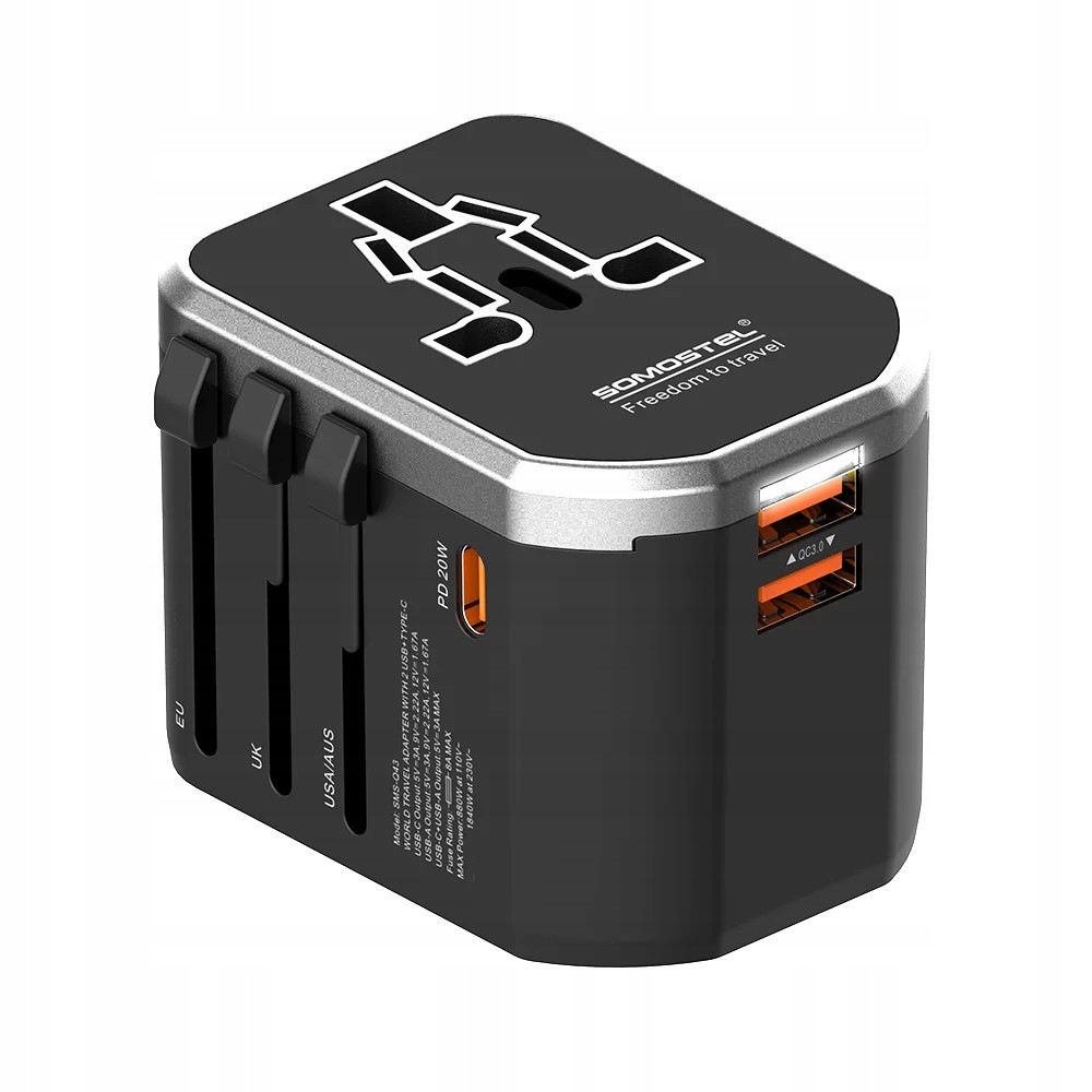 Somostel Napájecí Adaptér Celý Svět 2X Usb Typ-c 20W Qc Pd Černý