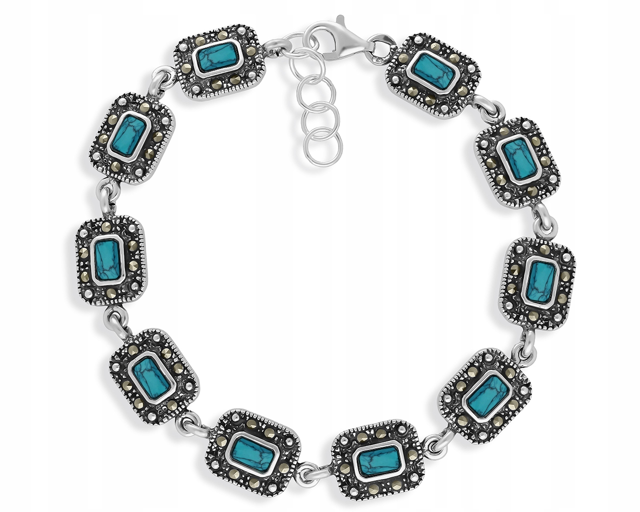 Stříbrný dámský náramek Tyrkys a přírodní markýzy ryzost 925