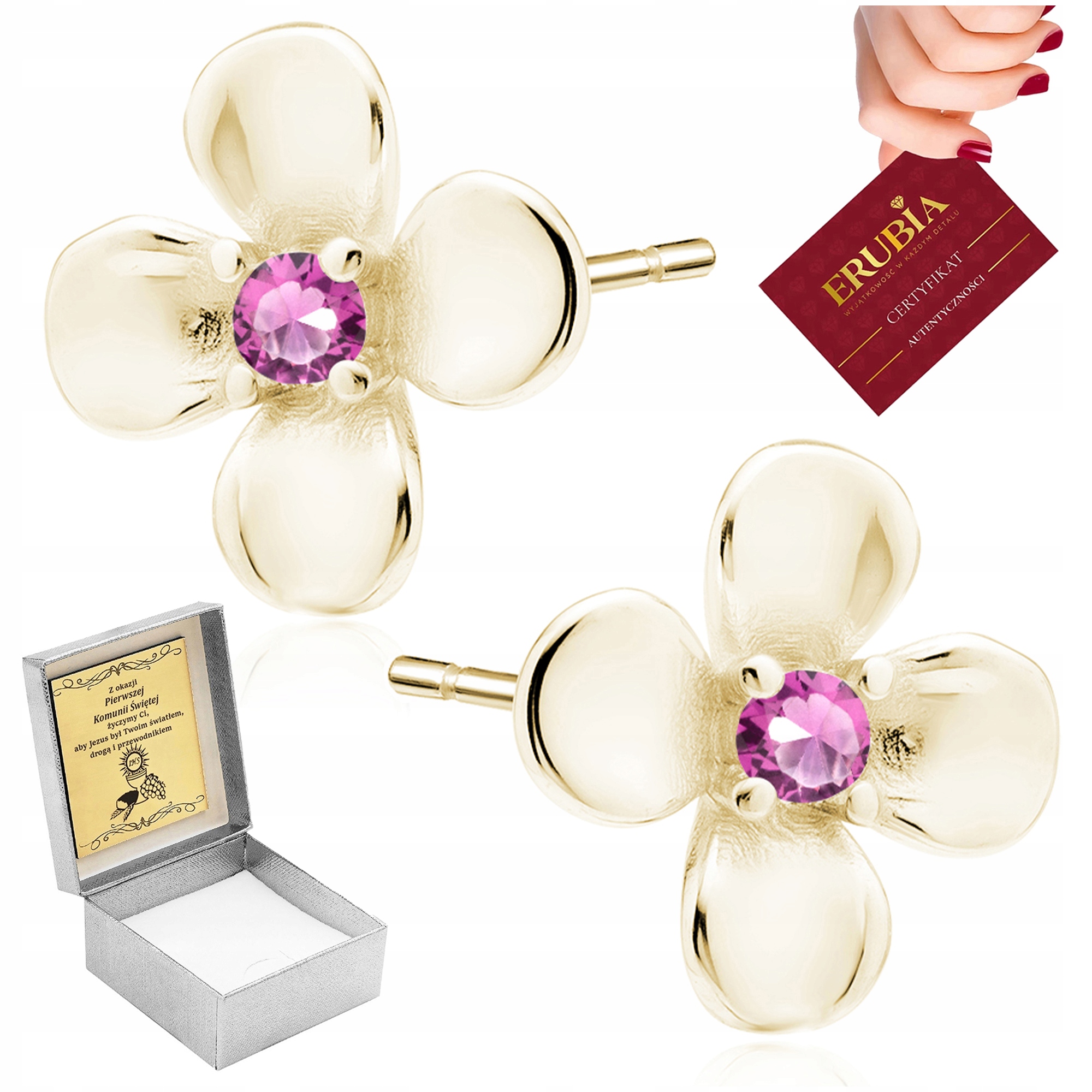 Zlaté Náušnice Pro Děti, Šroubky Stříbro 925 Růžové Zirkony Gravírování