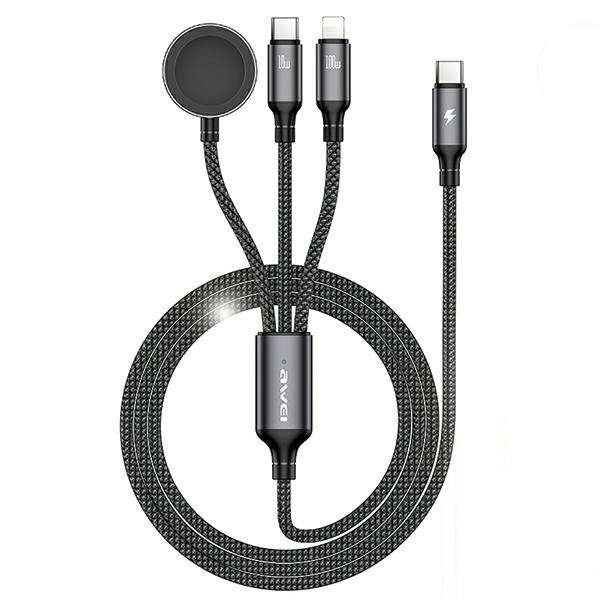 Awei kabel W23 3v1 usb-c/lightning/watch 100W/10W/2.5W černý/black