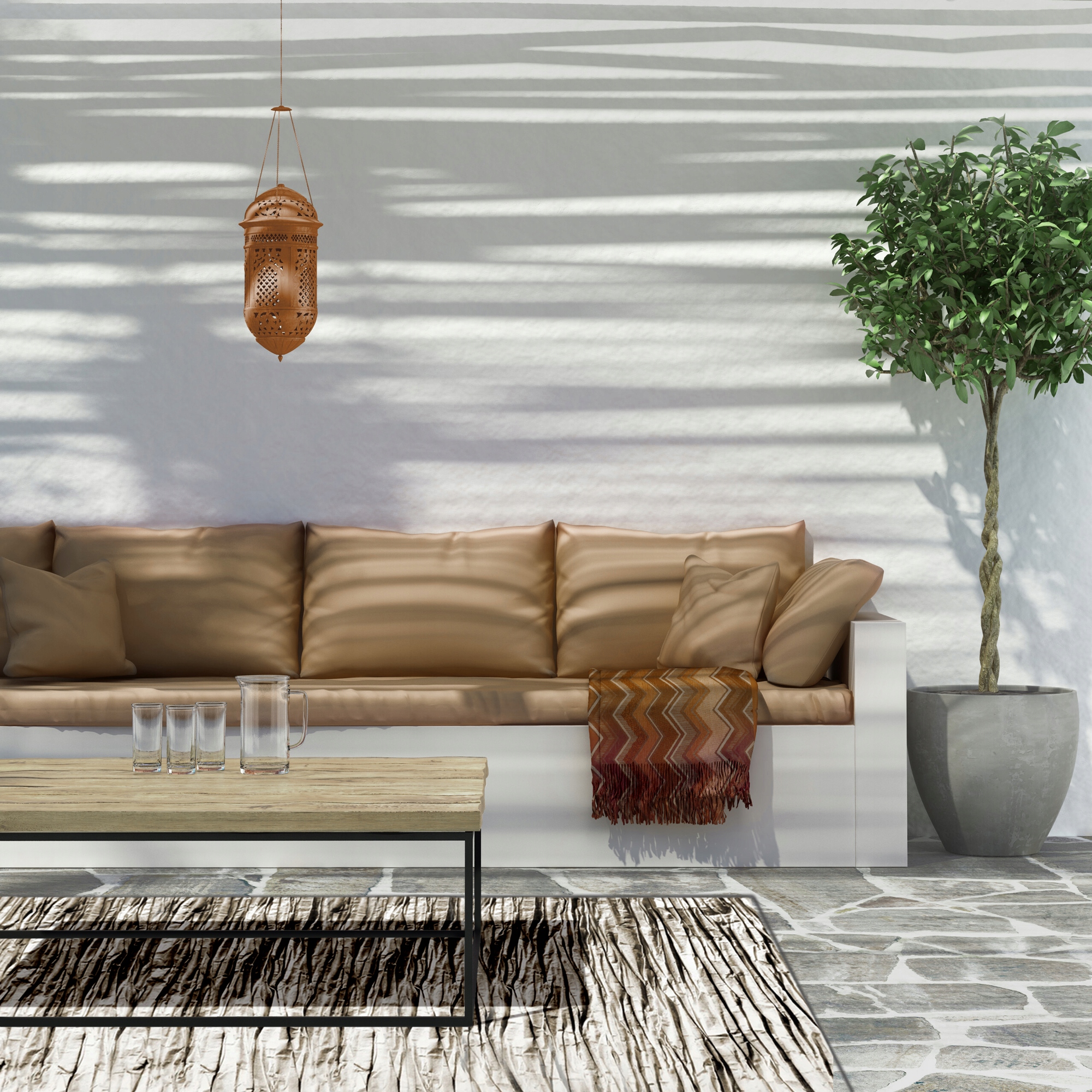 DYWAN ZEWNĘTRZNY TARASOWY 160x230 BOHO DUŻY NA BALKON DO OGRODU BEIGE ROCK Długość 230 cm