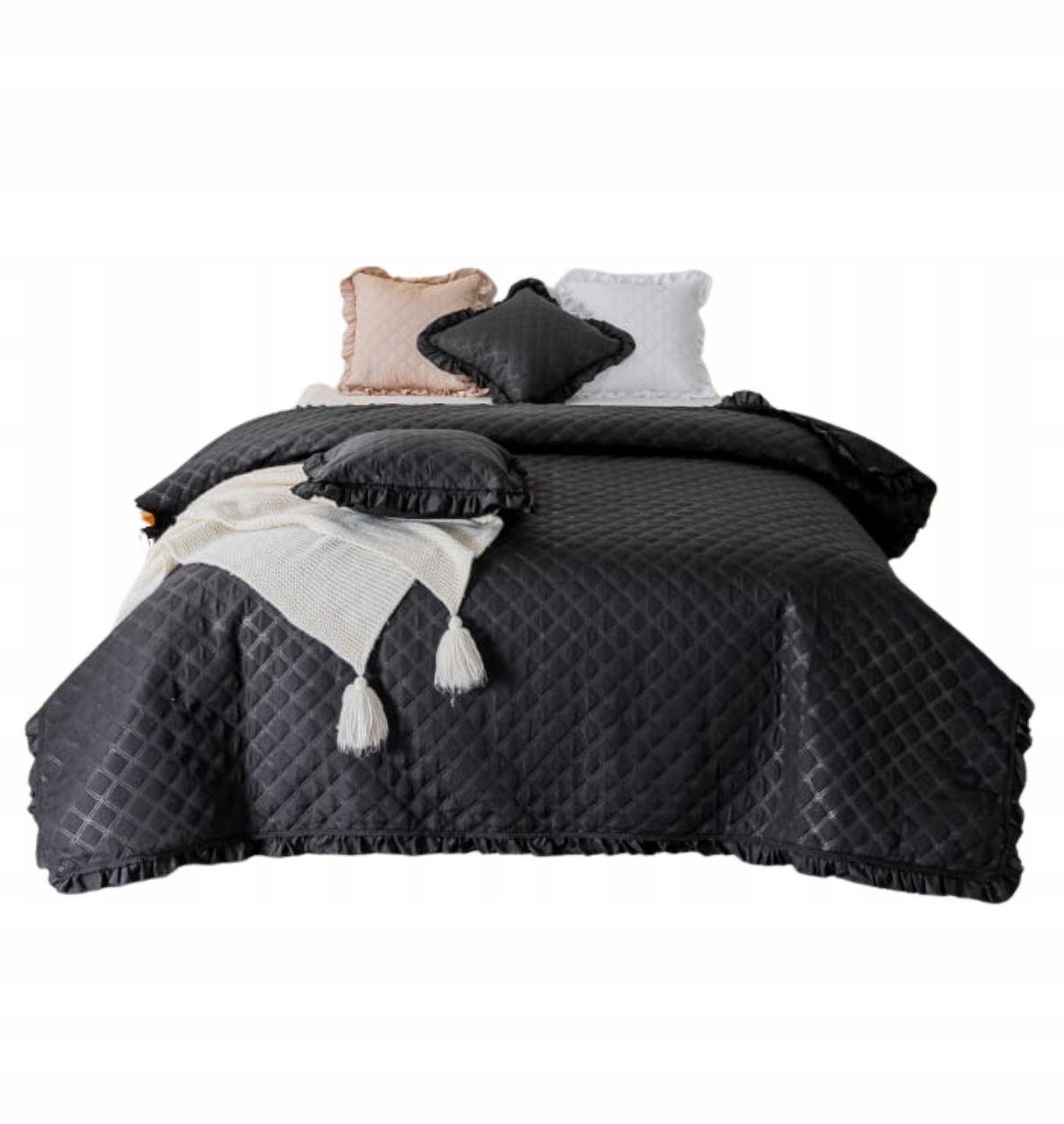 Dekorativní přehoz Ruffy 220x240 prošívaný s volánkem, černý